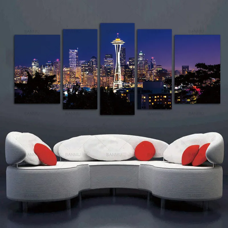 Canvas Painting Wall Art Picture Seattle High Building At Dusk Prints