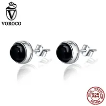 VOROCO Vintage Genuine 925 Sterling Silver Round Black Agate Stud Earrings for Women Vintage Jewelry S925 VSE031