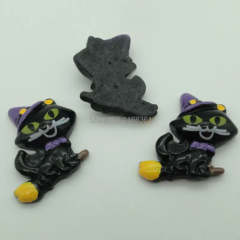 1pcs/lot resin flat back Halloween broom black cat 27mm Cabochons Scrapbooking Hair Bow Center DIY Christmas decration C105-3
