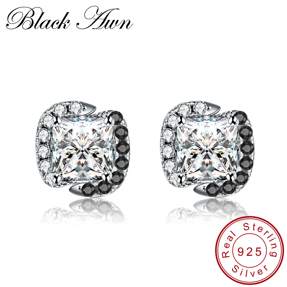 

[BLACK AWN] Cute 925 Sterling Silver Jewelry Trendy Black Spinel Engagement Earrings for Women T052