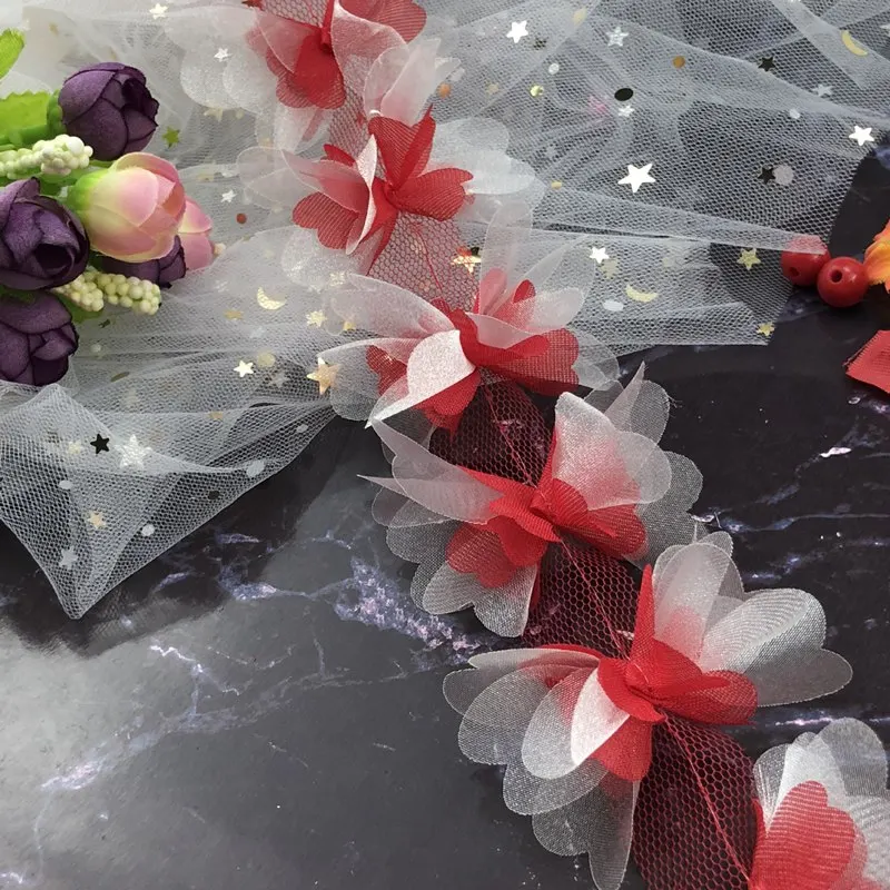 

10 Yards 250 Flowers Chiffon Stereo Pair Of Flowers Double-Layer Flash Yarn DIY Handmade Clothing Accessories