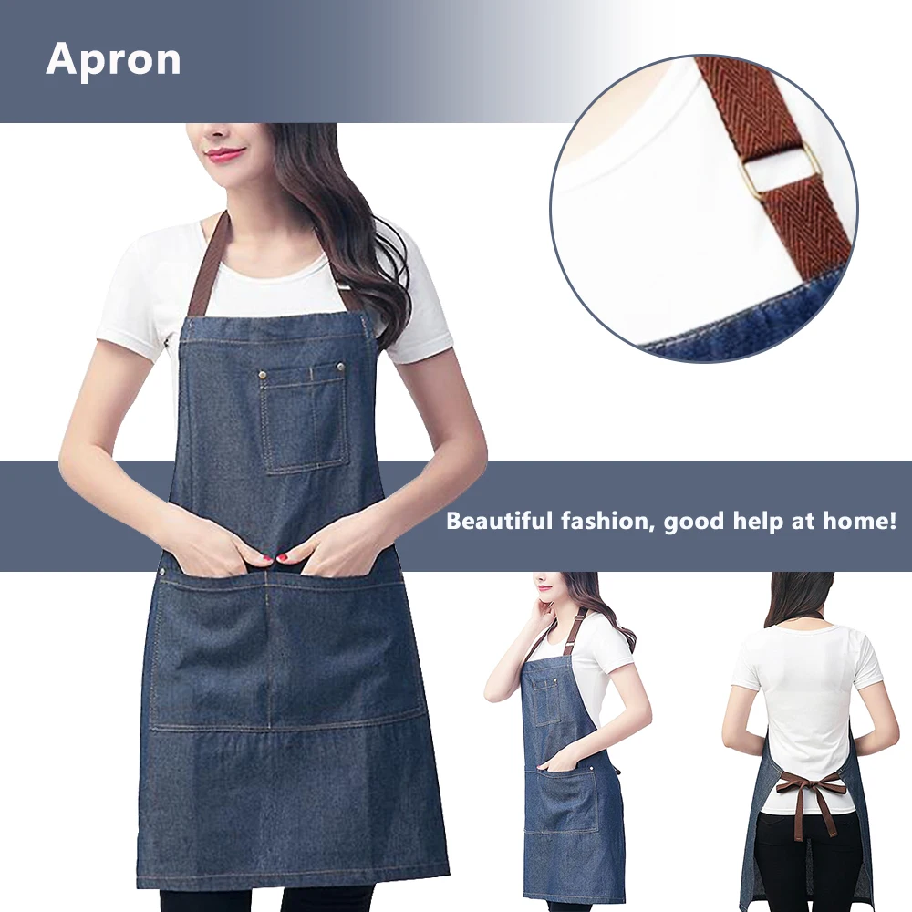 Kitchen Apron Unisex Denim Aprons Adjustable Men Women Apron With Pocket Chefs Cooking Baking Avental Home Cleaner Tool 3