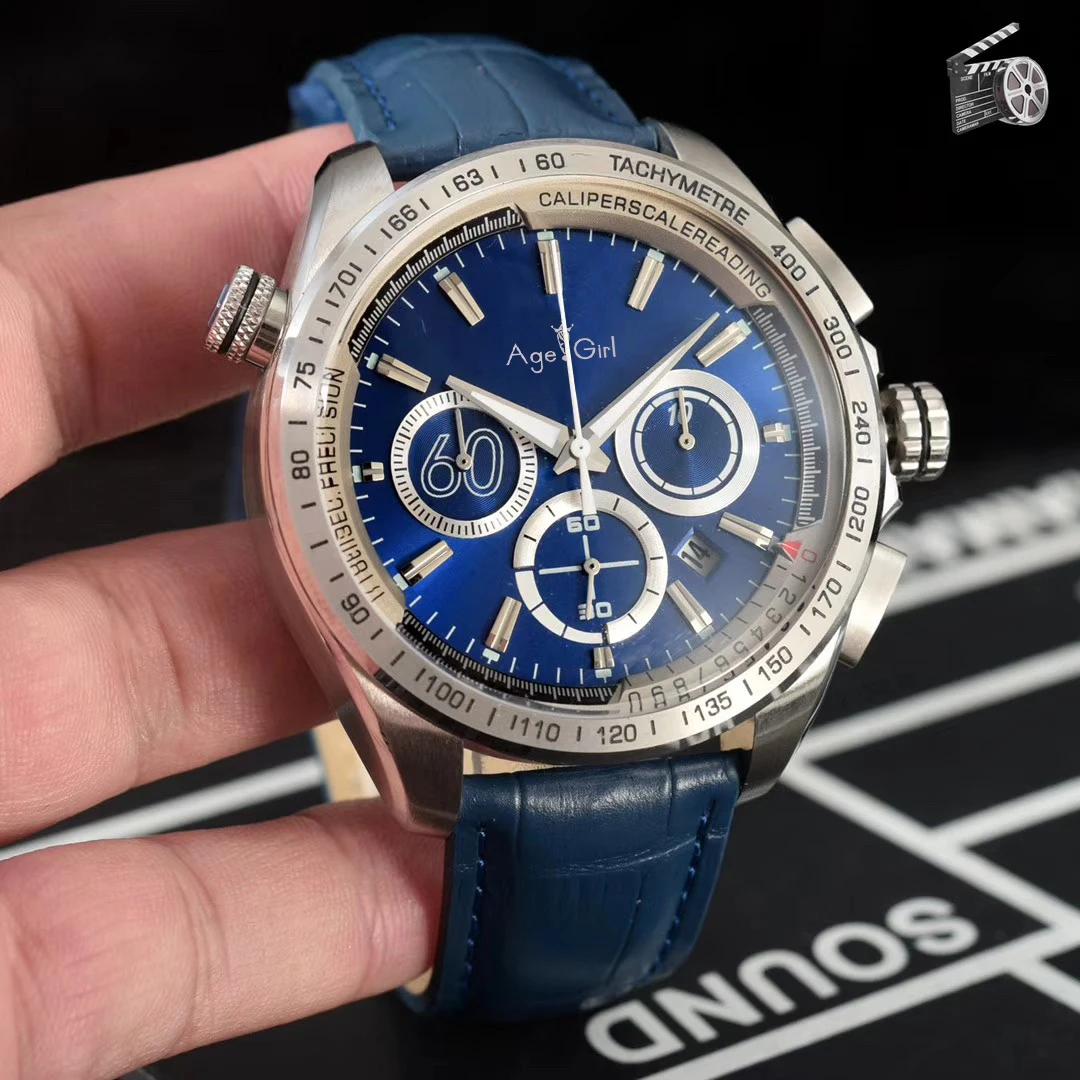 

Luxury Brand New Men Chronograph Silver Red Blue Black White Orange Leather Stainless Steel Watch Luminous Sport Stopwatch AAA+