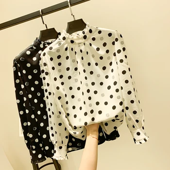

Super Fairy Female Shirts New Spring Autumn Fashion Stand Collar Polka Dot Long Sleeve Chiffon Blouses Ruffles Basic Women Tops