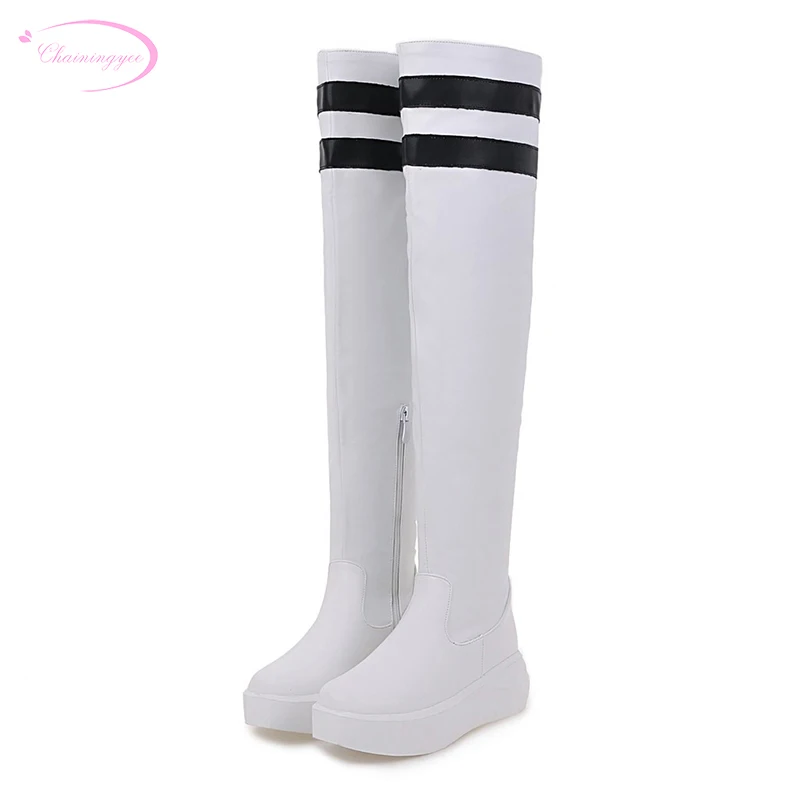 

Chainingyee leisure round toe over knee high boots color matching zipper platform black white med with women's riding boots
