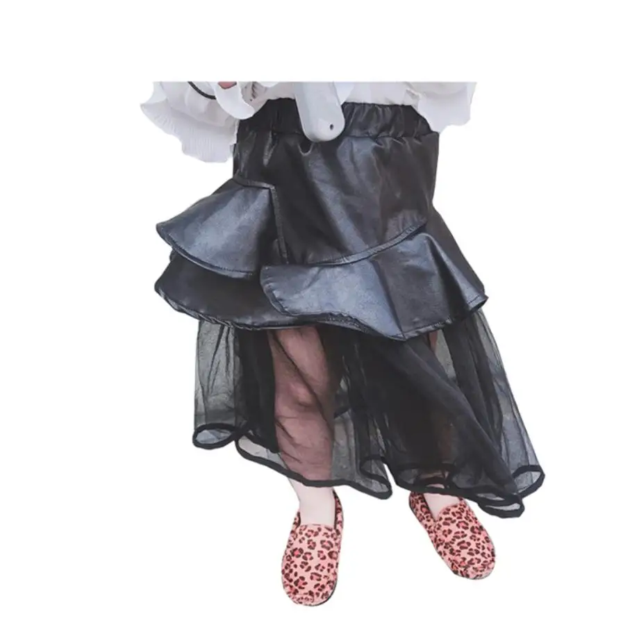 

Girls baby Pu leather skirts 2019 summer new fashion mesh patchwork skirts for children toddler cute ruffles black skirts ws529