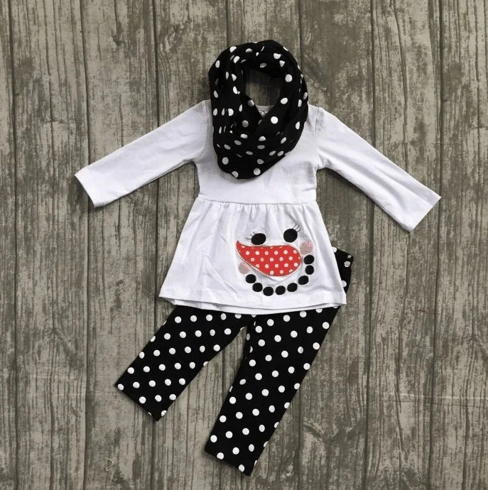 

snowman Fall/Winter outfits baby white black 3 pieces scarf black white dot top ruffle pant sets clothes cotton girls boutique