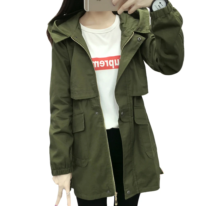 

Army Green Trench Coat Female Spring Autumn 2019 Thin Women's Cotton Long Windbreakers Hooded Clothing casaco feminino