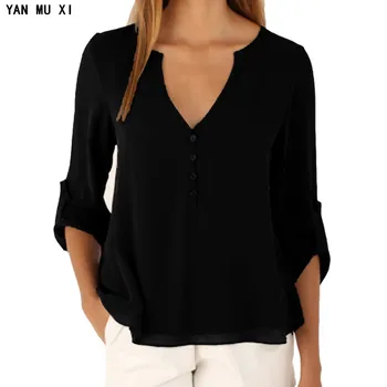 

2017 Europe and the United States fashion temperament ladies solid color shirt long sleeve V-neck loose large size chiffon shirt