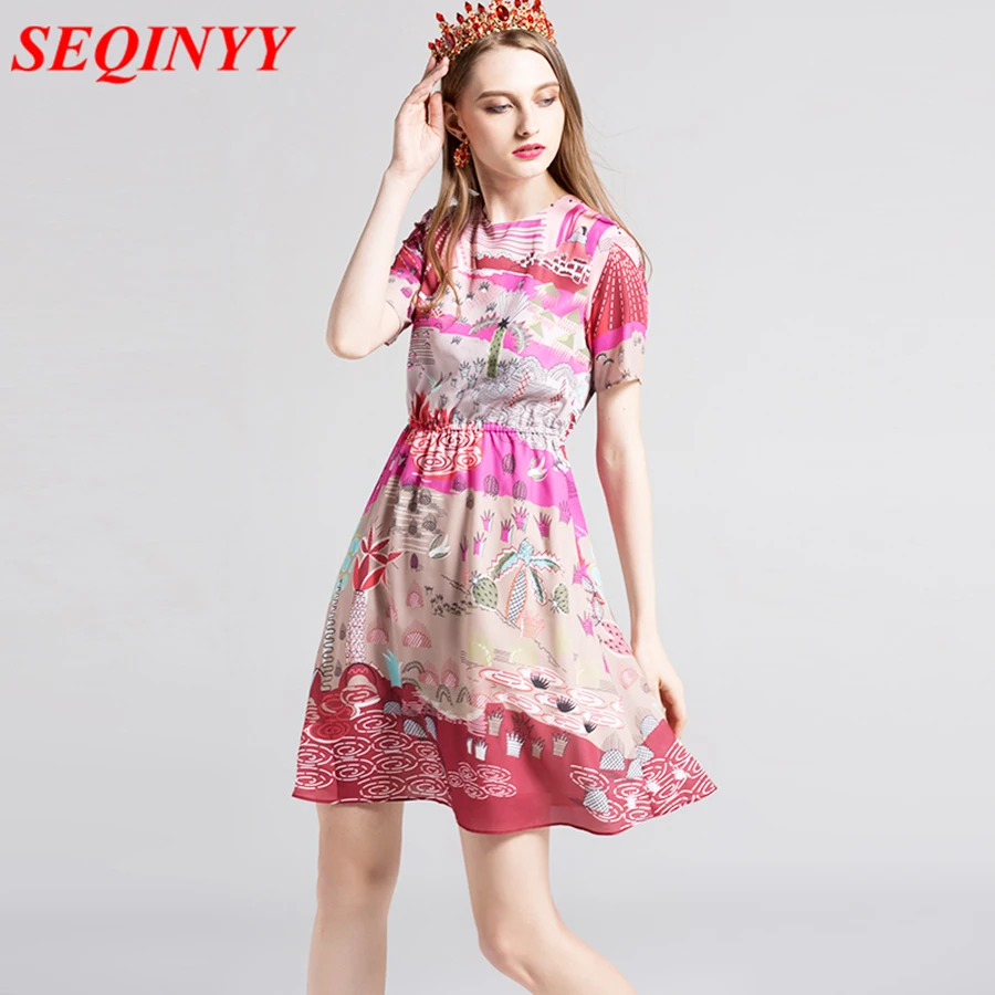 

Bohemian Short Dress 2017 Summer Tropical Hawii Print Single Button Key-Hole Back Elastic A Line Above Knee Length Female Dress