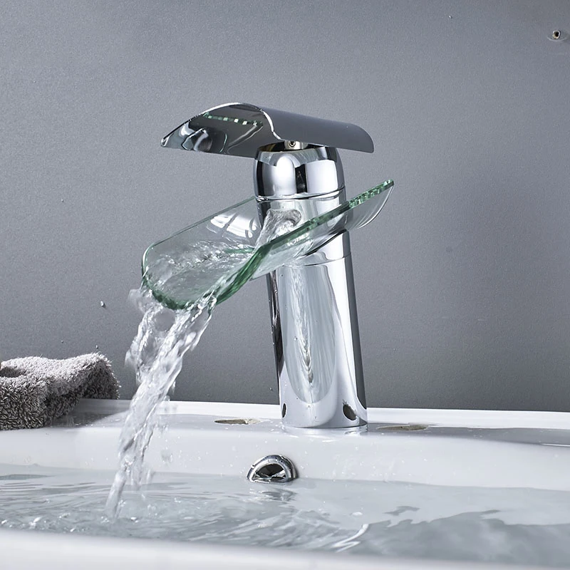 Onyzpily Basin Glass Faucet Chrome Nickel ORB Bathroom Waterfall Tap