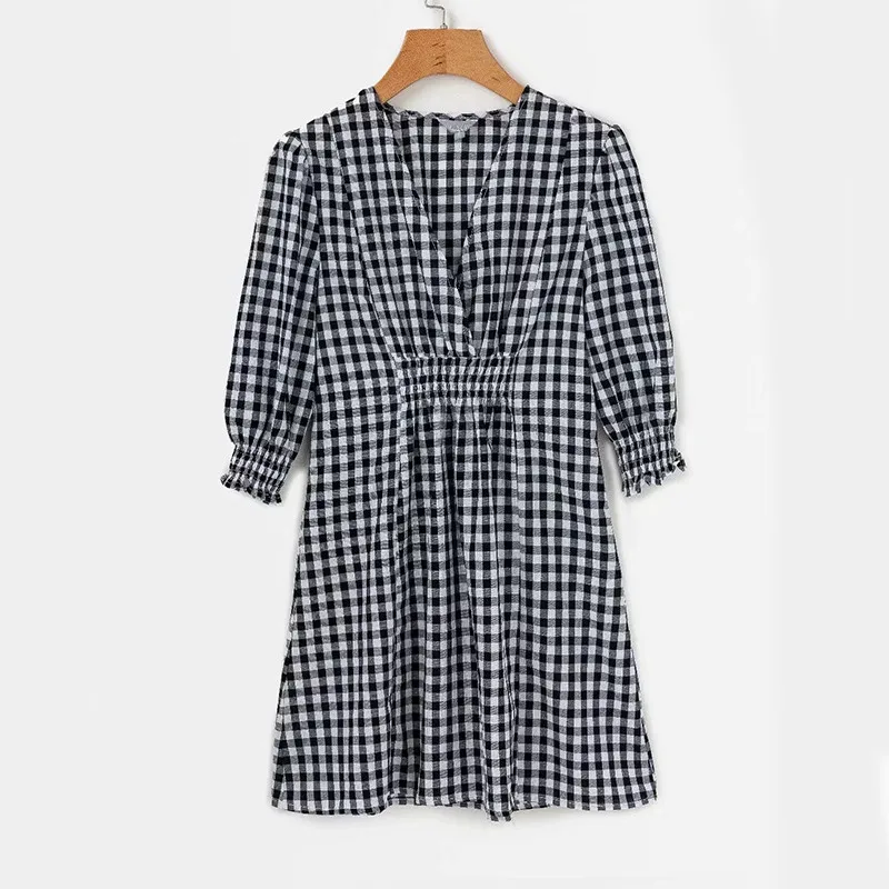yinlinhe black plaid Women Dress Long Sleeve v neck elasticity waist slim Summer Dress Cotton ladies casual Vestido 6