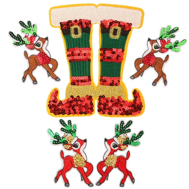 

Christmas Reindeer Shoes Applique Sequins Patches Iron-on Sequined Sticker for Clothes Bag Textile Craft Diy Repair Decoration
