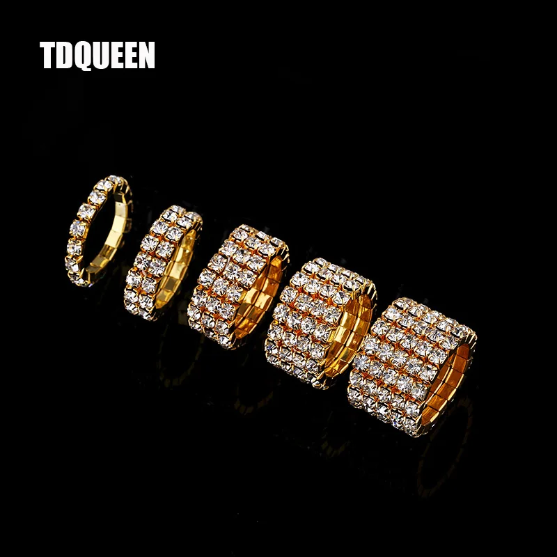 1-5 Rows Gold color Rings for Women Bridal Wedding Crystal Rhinestone Stretch Ring Lovely Girl Party Rings