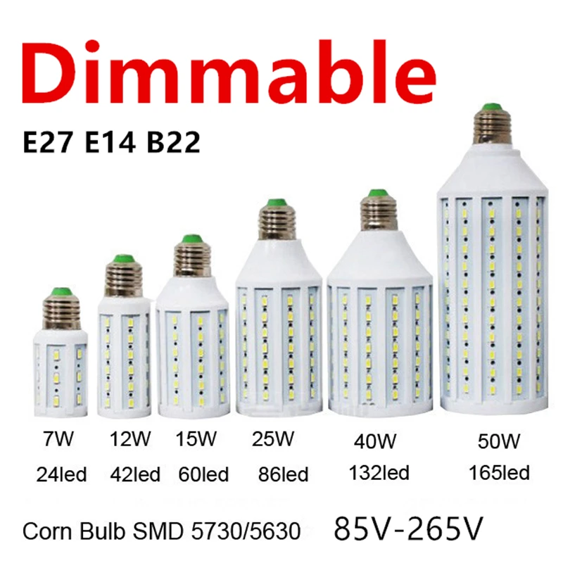 

D50 5pcs/lot Dimmable 5730 60LED 15W LED Lamp Lighting E27 E26 B22 E14 85-265V Lampada LED Light Dimming Corn Bulbs