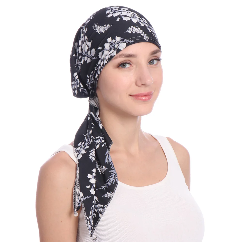 Мусульманские женщины хлопок Мягкий тюрбан с принтом шляпа рак шапочка при химиотерапии капот шапки предварительно связанный шарф головной убор Головные уборы головные уборы аксессуары для волос - Цвет: Black