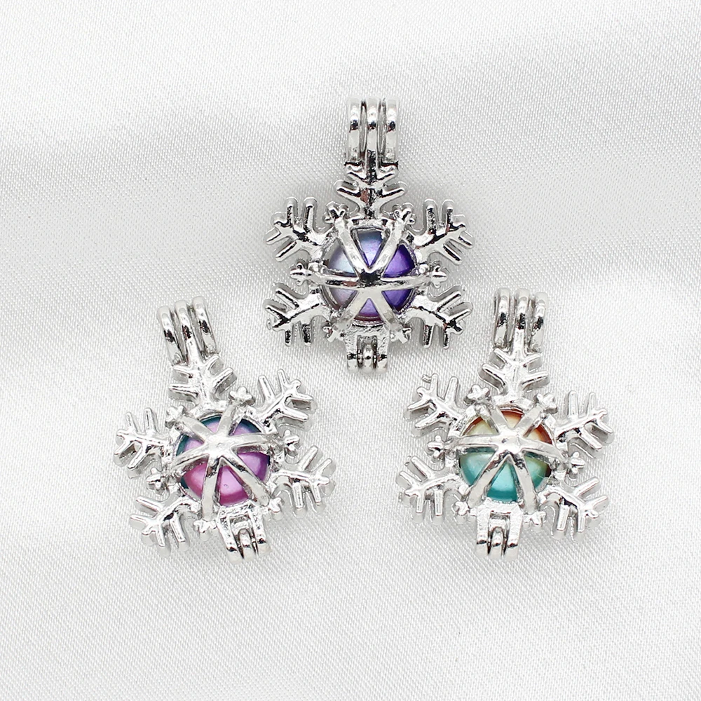 

10pcs Silver Plated Open Snowflake Pearl Cage Essential Oil Diffuser Bead Cage Locket Pendants for Perfume Aroma Necklace Making