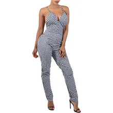 Женский клетчатый комбинезон, Джемперы и комбинезоны, Женский Длинный комбинезон, открытая спина, Холтер, боди, костюмы моно Mujer Largo Macacao Feminino