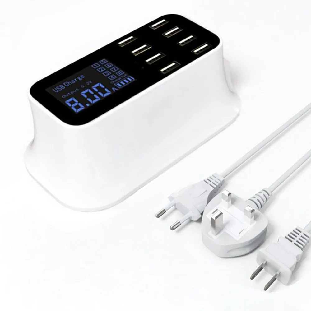 8 Port Smart Chip USB Charger Dock Station Led Display Mobile Phone Tablet Charging Desktop Power Adapter Socket Strip 2.4A