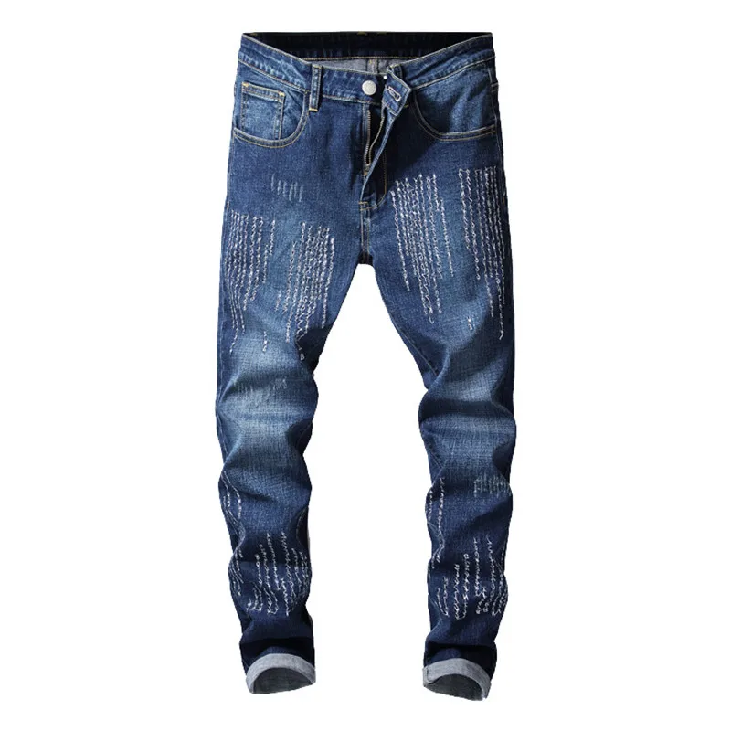 Newsosoo Мужская мода вышитые джинсы брюки стиранные поцарапанные джинсовые брюки с буквой вышитые синие прямые Размер 28-38