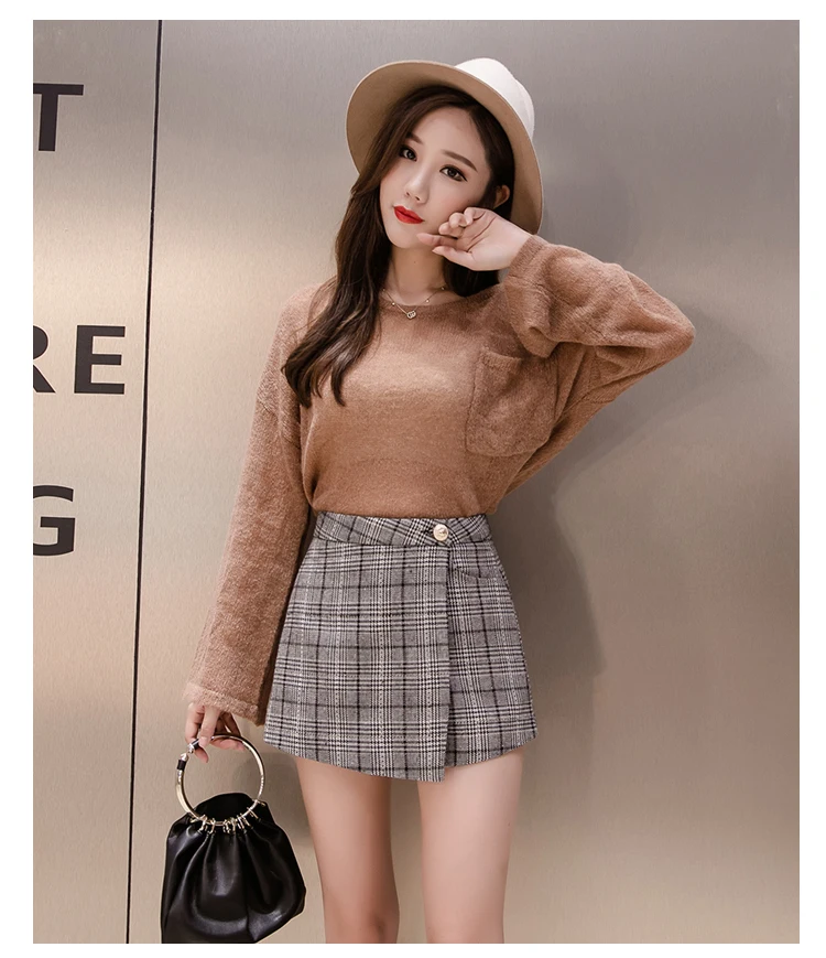 Высокая талия клетчатые шорты юбки для женщин 2018 Осень корейский шерстяные укороченные штаны зимние теплые ботинки Шорты дамы