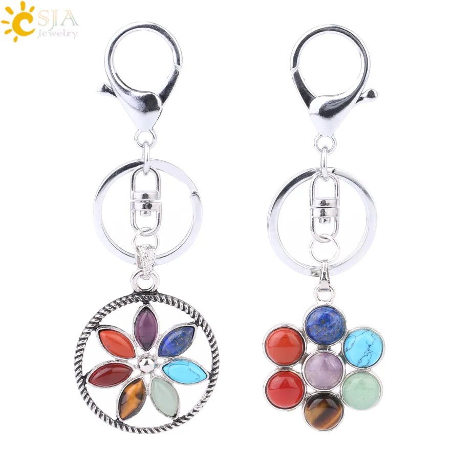 

CSJA Reiki Chakra Keychains Kabbalah Tree Flower of Life Half Moon Pendant Handmade Key Ring Key Holder for Men Car Bags F641