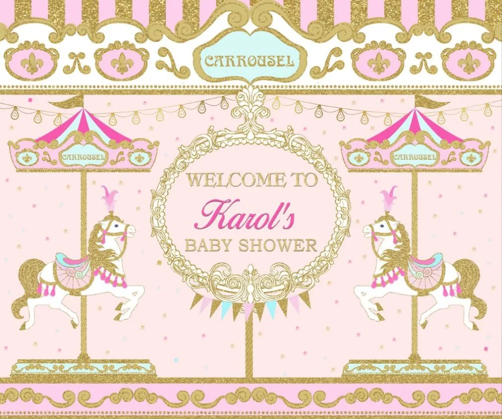 Custom Carousel Fiesta Horse Carnival Pink Gold Baby Shower Compleanno Sfondo Sfondo