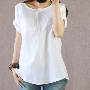 

Cotton Fashion Midi Loose Blouses Brief Elegant Solid Shorts Sleeve O-Neck Clothings Preppy Style Button Casual blusas