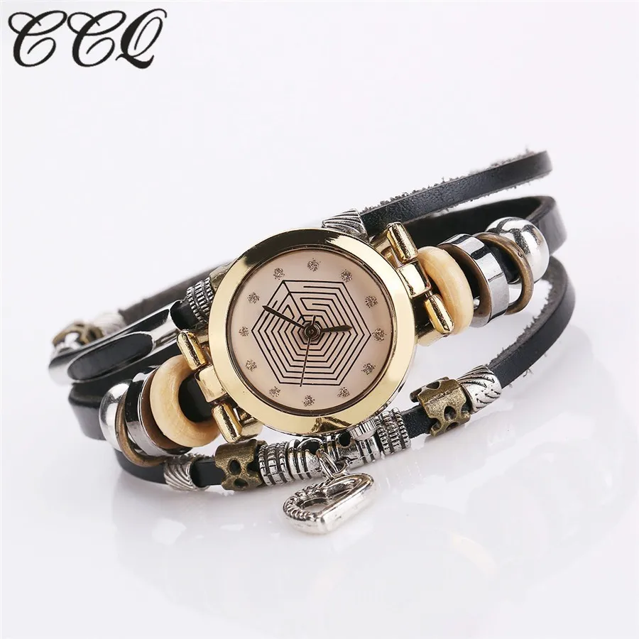 CCQ Модные Винтажные часы с кожаным браслетом женские повседневные наручные часы с подвеской в виде сердца кварцевые часы Relogio Feminino подарок 2064