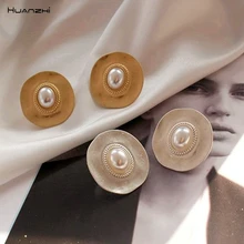 HUANZHI, новинка, корейский, геометрической формы, круглая Неровная поверхность, жемчуг, пеньковая веревка, металлические серьги-гвоздики для женщин, девушек, вечерние ювелирные изделия