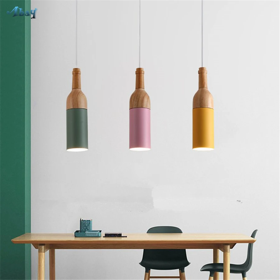 

Nordic Modern Wine Bottle Shape Pendant Lights for Living Room Bedroom Restaurant Bar Wood Lamp Light Fixture Home Deco Iron Art