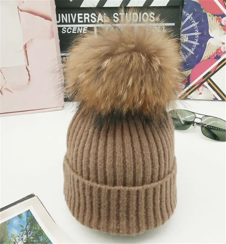 

PUNS001a Winter Kids Striped Curled Real Raccoon Rabbit Fur Pom poms Balls Knitted Hats Children Wool knit Skullies Beanies Caps