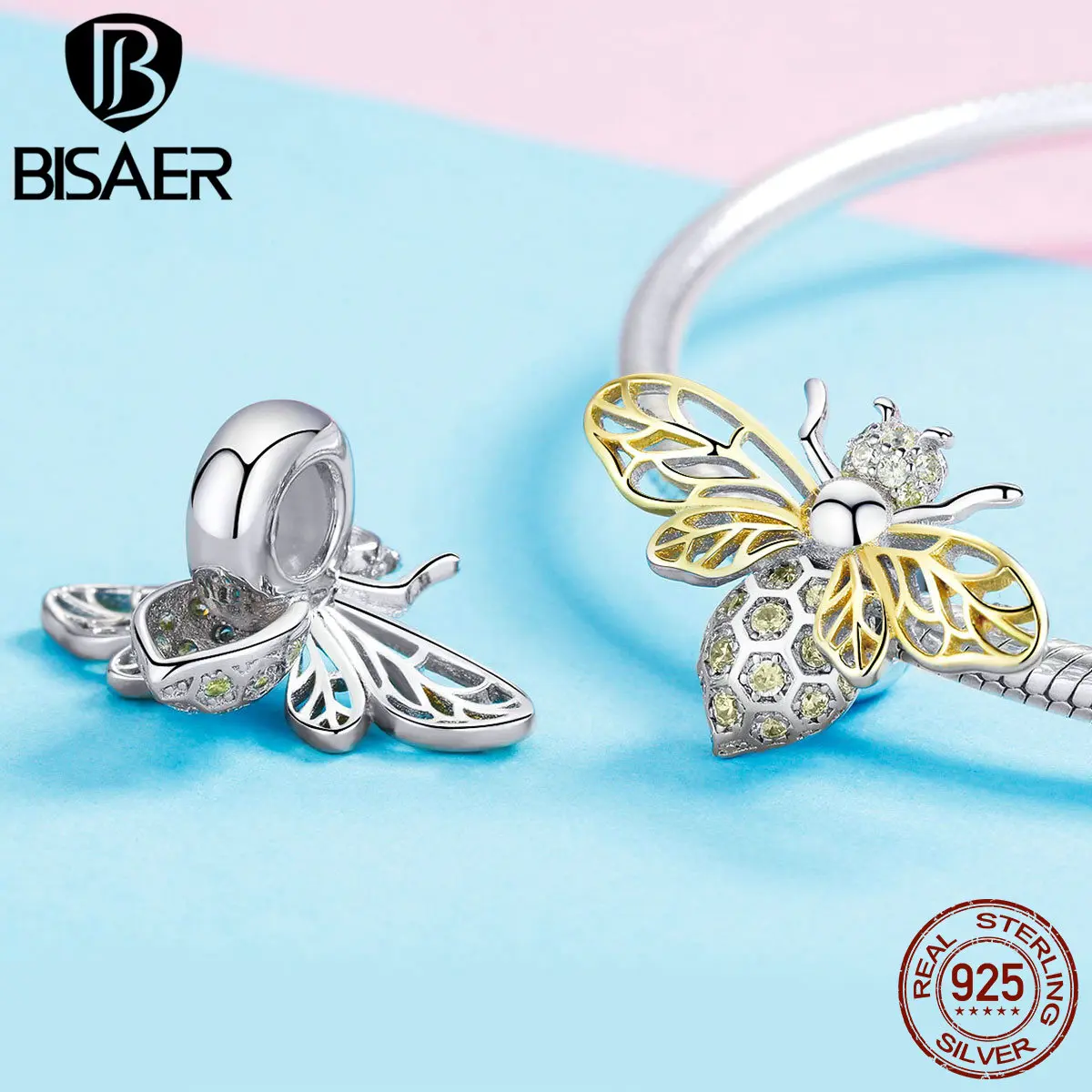 BISAER Горячая 925 пробы серебряные хрустальные пчелы Подвески насекомое пчела бусины подходят для DIY Браслеты серебряные ювелирные изделия EFC067