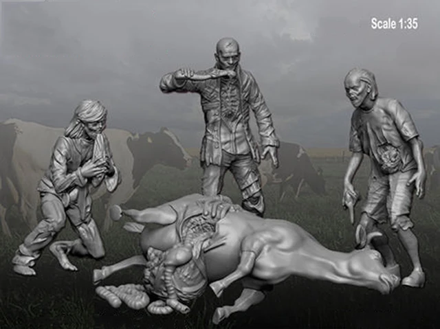 Special Offers 1/35 Zombie - Cow Massacre inlcude 3 figures & 1 Dead Cow     toy Resin Model Miniature Kit unassembly Unpainted 
