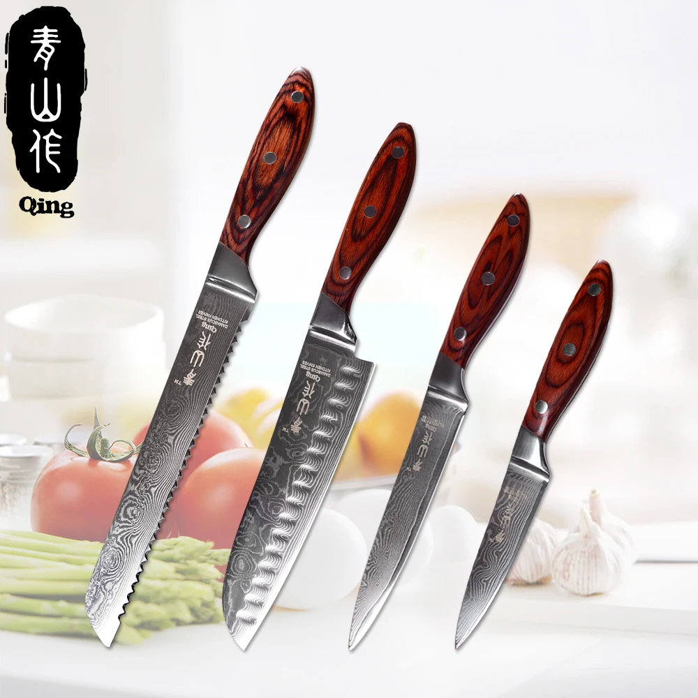 QING кухонный нож 4 шт. набор японский VG10 Дамасская сталь лезвие цвет деревянной