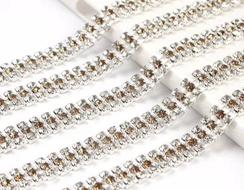 

1 Yard 3Row Clear&Brown&Clear Sparkle Rhinestones Silver Plated Flatback Ribbon Chain Trim For Sewing Craft Diy