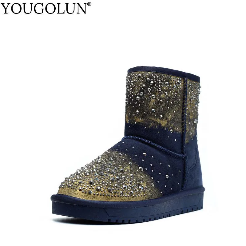 

YOUGOLUN Genuine Nature Suede Snow Boots For Women Fashion Ladies Blue Black Fur Flat Shoes Woman Rhinestone Ankle Boots B193