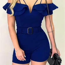 Women Layered Ruffles Short Jumpsuit Sashes Elegant Cold Shoulder Romper V Cut Wrap Skinny Bodycon Casual Party Overalls Women Layered Ruffles Short Jumpsuit Sashes Elegant Cold Shoulder Romper V Cut Wrap Skinny Bodycon Casual Party Overalls