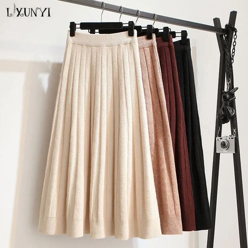 

LXUNYI New 2019 Women Long Pleated Skirt Casual Autumn Fashion Elegant High Waist Slim A-Line Knitted Maxi Skirt Faldas Largas