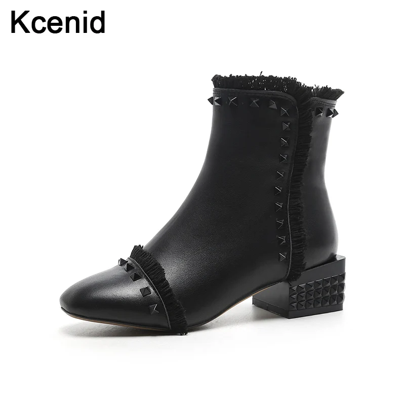 

Kcenid Genuine leather fashion fringe square toe women motorcycle boots rivets chunky heel ankle boots plush inside winter shoes