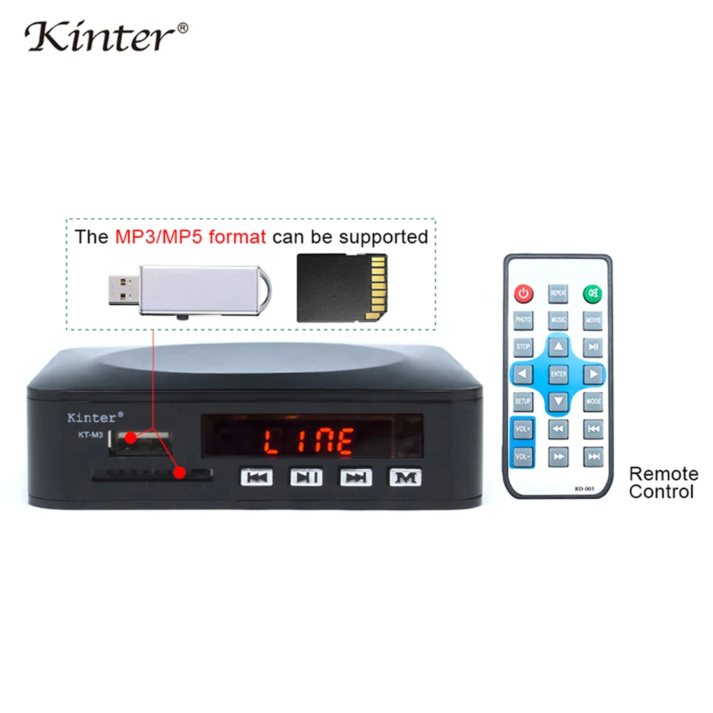 Kinter M3 мини стерео усилитель 12V SD USB ввод для аудио-видео играть MP3 MP5 Формат Адаптер питания с дистанционным управлением