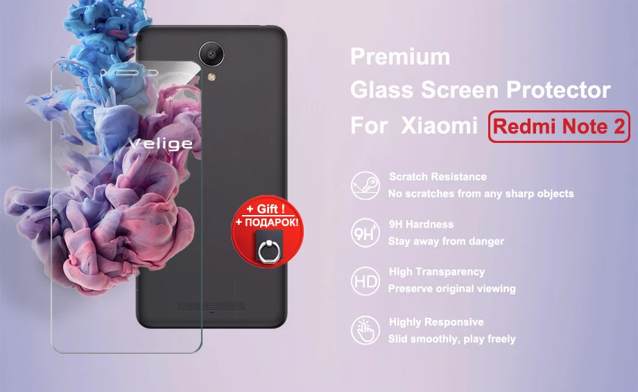 2 Pack Velige Tempered Glass Screen Protector For Xiaomi Redmi Note 2 Xiomi Redmi Note2 9H 2.5D Bubble-Free Glass Film (5)