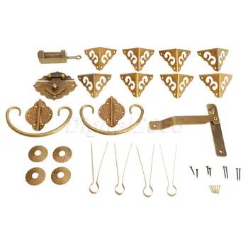 

High Quality 1 Set Brass Hardware Set Hinges Latch Handle Corners Antique Trunk Case Jewelry Box with Nails