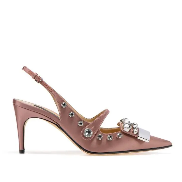 Fashion 2018 Shoes Pumps Women Dress Med Heels Pink Black Satin Crystal Metal Pointed Toe Slingback Shoes Cut-out Ladies Pumps