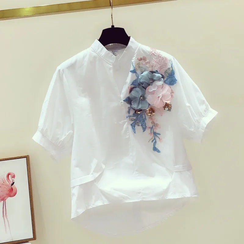 Летняя Цветочная рубашка женская новая вышивка трехмерный цветок v-образный вырез с коротким рукавом Блузка Леди Досуг Топы Nancylim