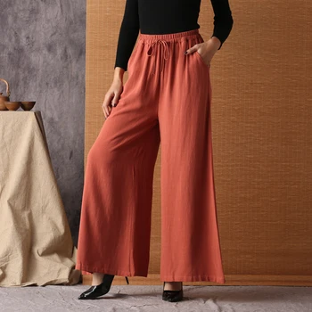 

#0613 Summer Vintage Cotton Linen Pants Women Wide Leg Elastic Waist Loose Retro Trousers Female Casual Wide Pants Boho Big Size