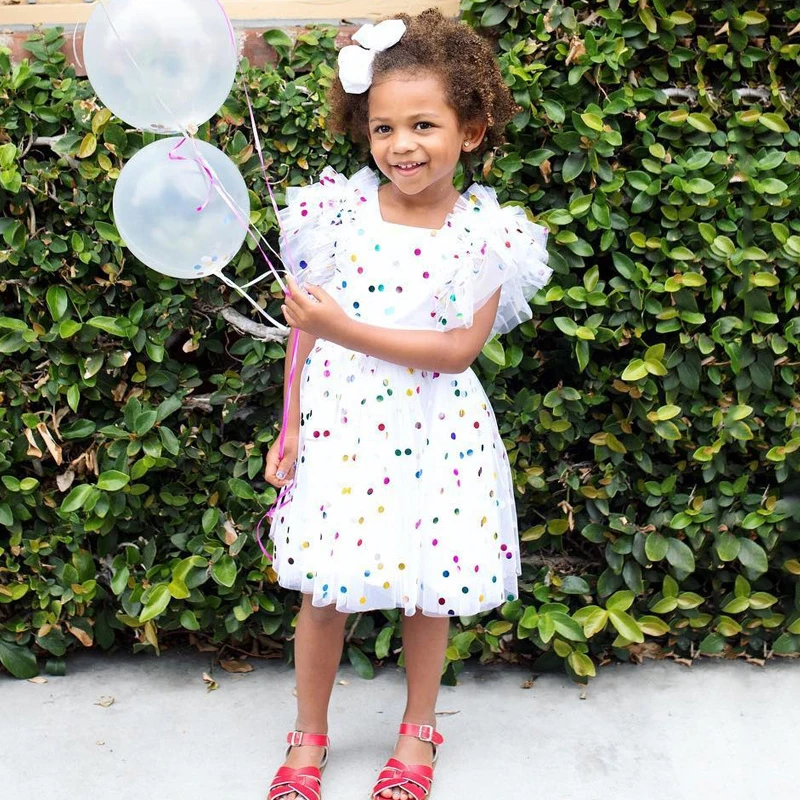 

Ins best selling girls dresses Foreign trade girl Color sequined dot dress princess gauze fluffy dress Square collar fashion