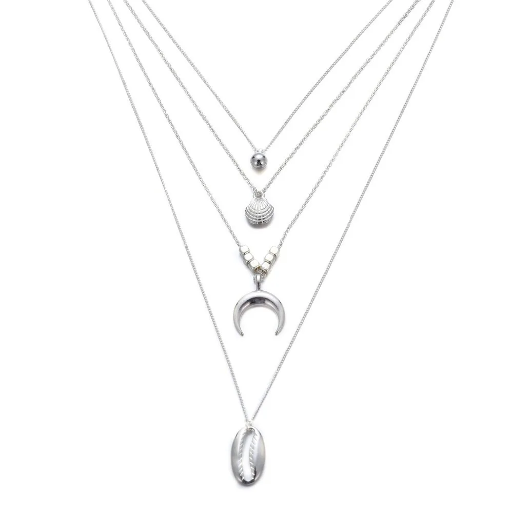 

Doreen Box Bohemian Style Multi-layer Women Cowrie Shell Pendant Necklace Silver/Gold Color Horn Crescent Moon Chocker Jewelry
