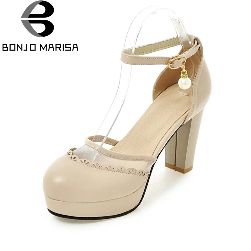 

BONJOMARISA New women's Ankle Strap Spike High Heels Solid Platform Shoes Woman Casual Pumps Big Size 32-43