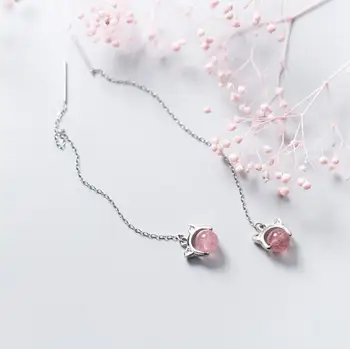 

Rabbit Tassels Thread Earrings 100% 925 Sterling Silver Drop Earrings Silver Jewelry with Strawberry Quartz